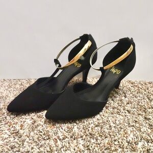 IMPO Black Pointy Toe Suede Gold Strap High Heels Women’s Size 7.5